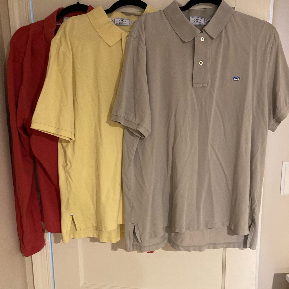 Lot of 3 Southern Tide Polo Shirts- Red, Yellow, and Grey. Size Large. 2 SS, 1LS